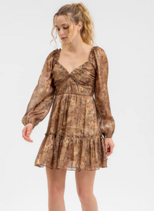 Long Sleeve Metallic Brown Floral Mini Dress with Sweetheart Neck Line