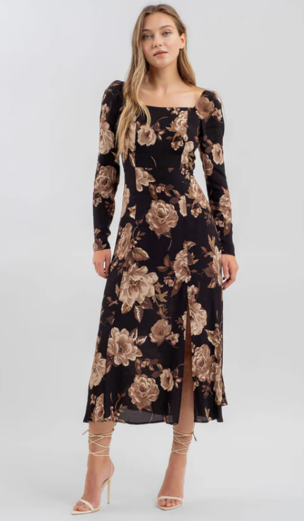 Black + Brown Square Neck Floral Midi Dress