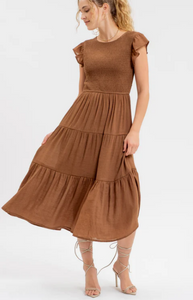 Brown Smocked Top Tiered Midi Dress - Reg + Plus