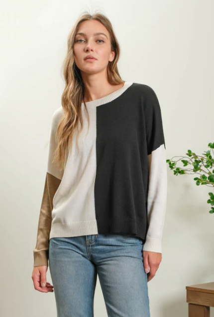 Black Ivory + Brown Relaxed Color block Sweater