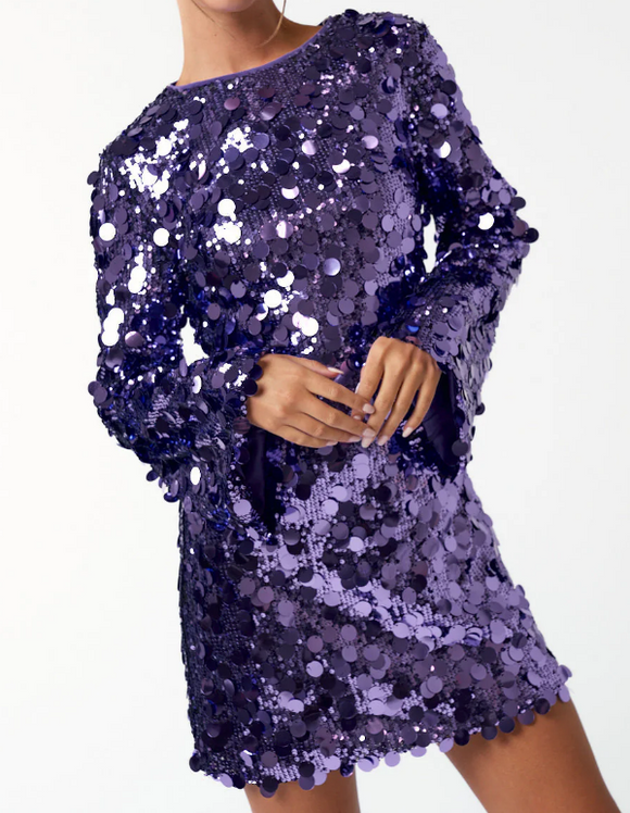 Sequined Bell Sleeve Purple Cocktail Dress - Homecoming