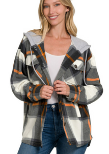 Charcoal + Orange Plaid Oversized Shacket with Hood