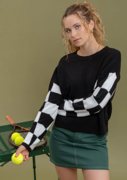 Black + Ivory Checkered Sleeve Sweater