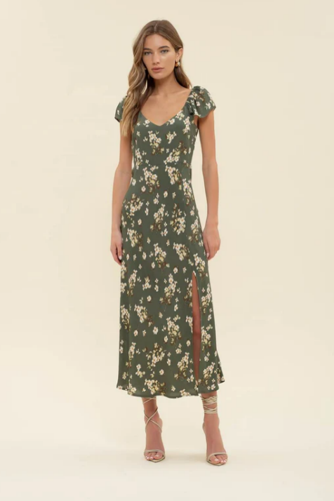 Green + Brown Floral V neck Midi Dress with Ruffle Sleeve