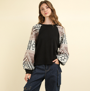 Neutral Aztec Printed Oversized Top in Plus + Regular