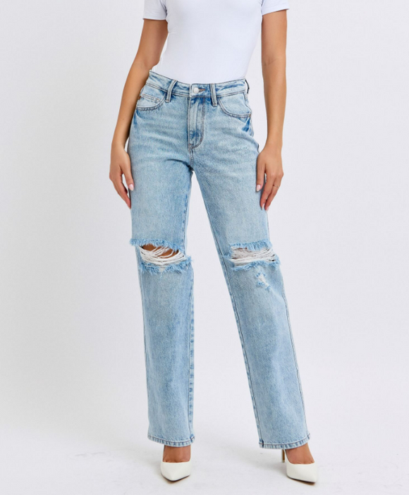 Judy Blue High Waist 90's Straight Distressed Denim - With Rigid Magic