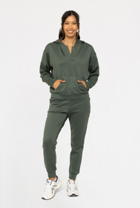Elevated Everyday Lounge Separates - Fleece Jogger Pant + Henley Hoodie Top in Deep Forest