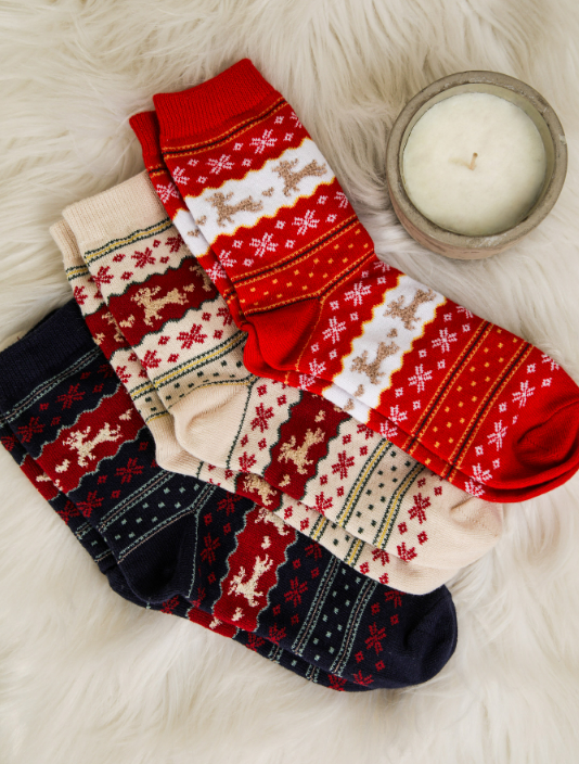 Textured Holiday Print Crew Length Socks - Various