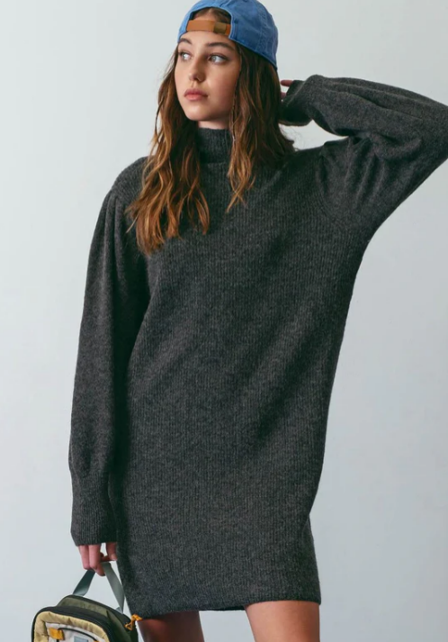 Mock Turtle Neck Sweater Dress in Charcoal