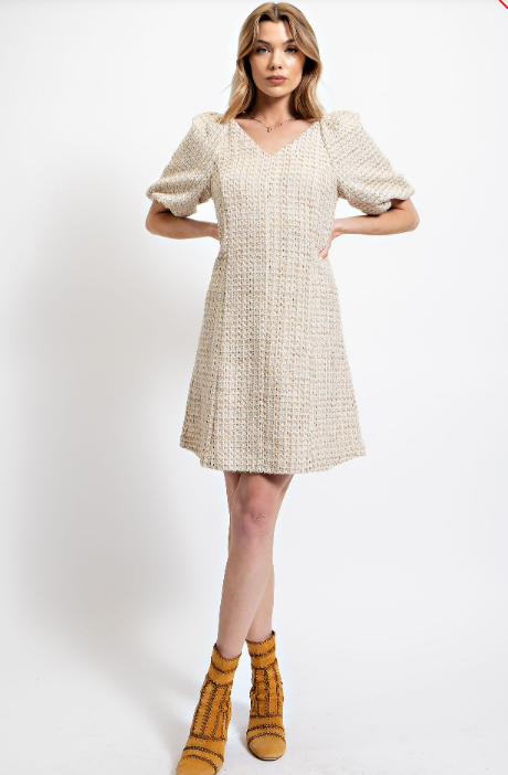 Bubble Sleeve Tweed Mini Dress in Natural