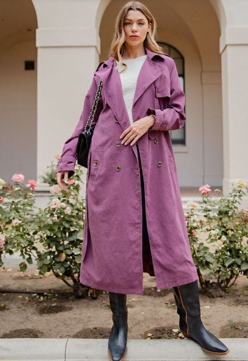 Plum Double Breasted Trench Coat with Belt
