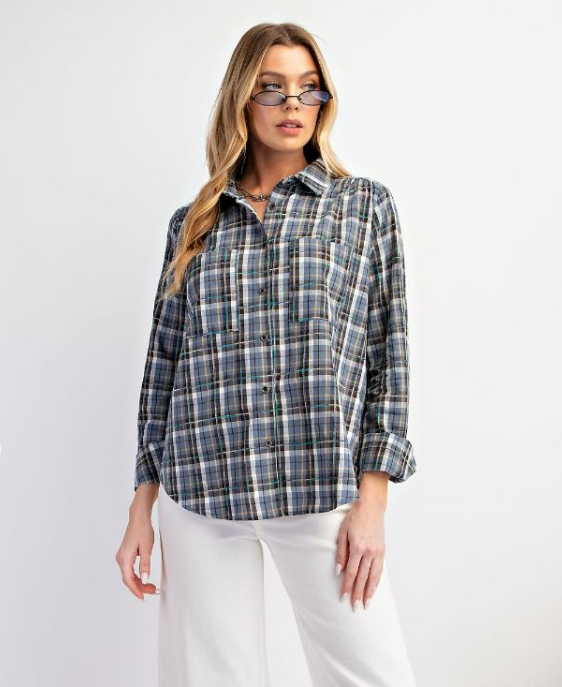 Navy Plaid Long Sleeve Button Front Top
