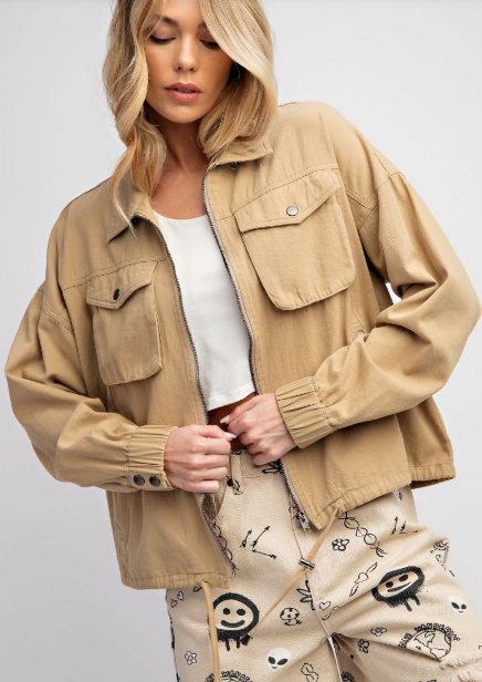 Khaki Twill Zip Front Jacket