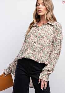 Blue + Ivory Floral Long Sleeve Button Front Top in Plus