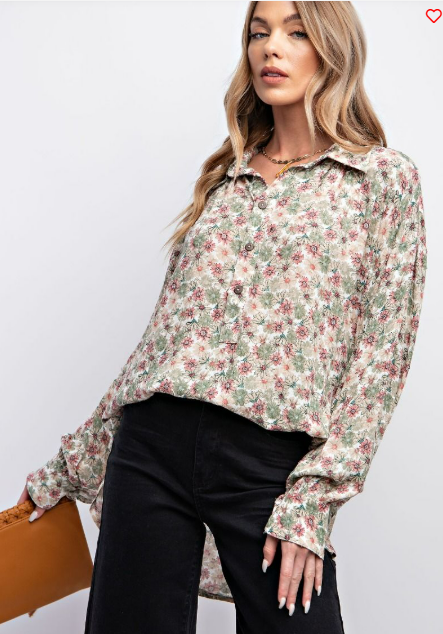 Blue + Ivory Floral Long Sleeve Button Front Top in Plus