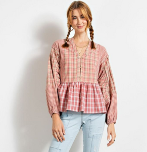 Mauve Plaid Long Sleeve Button Front Peplum Top