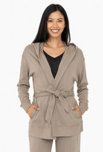 Load image into Gallery viewer, Organic Cotton Blend Wrap Cardigan + Cargo Trousers Loungewear in Khaki Gray
