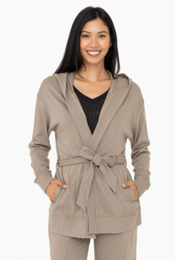 Organic Cotton Blend Wrap Cardigan + Cargo Trousers Loungewear in Khaki Gray