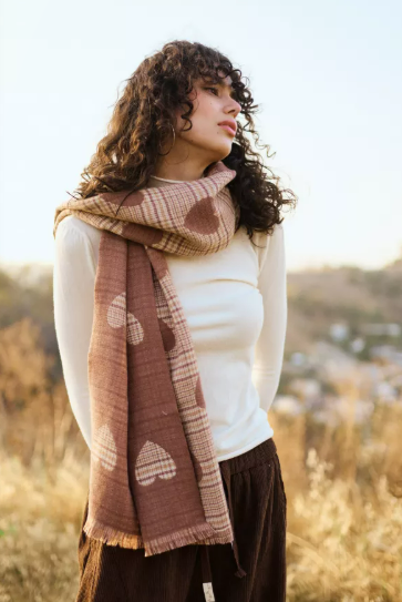 Heart Print Plaid Scarf with Raw Edge - Various