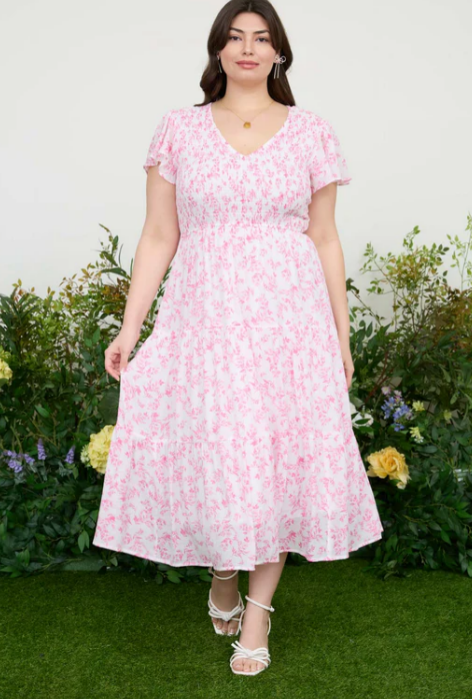 Pink Floral Smocked V Neck Top Midi Dress - Reg + Plus