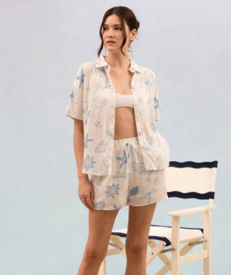 Blue Sea Print Collared Shirt and Shorts SET