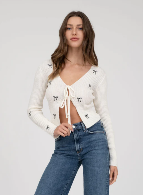 Ivory + Black Tie Front Embroidered Bow Cardigan Sweater