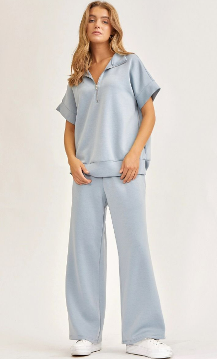 Slate Blue Catalina Travel SET - Short Sleeve Top And Straight Pant