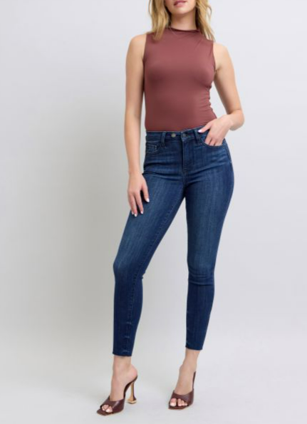 Judy Blue Mid Rise Dark Wash Classic Skinny with Raw Hem
