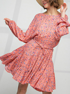 Long Sleeve Floral Belted Mini Dress - Various Colors