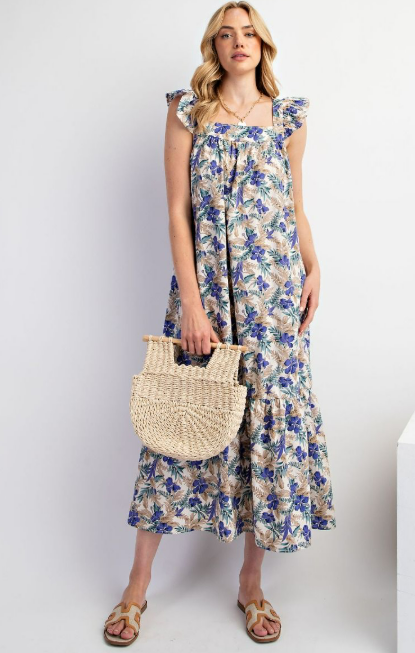 Tropical Blueberry Floral Midi Dress