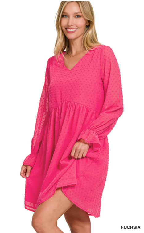 Swiss Dot Long Sleeve Mini Dress in Fuchsia