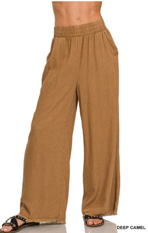 Washed Linen Wide Leg Pant in Deep Camel