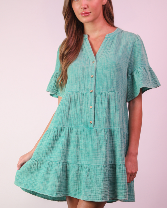 Teal Gauze Ruffle Mini Dress - Reg + Plus