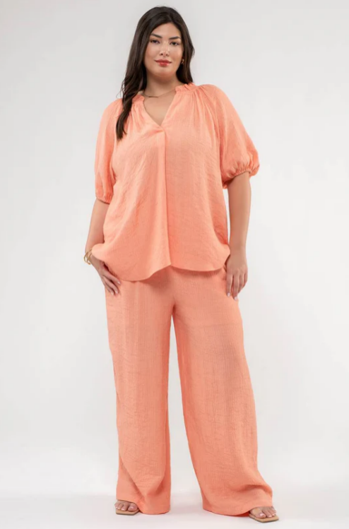 Lightweight Wide Leg Pant + V Neck Top in Dusty Peach
