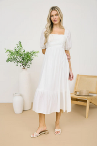 Pleated Empire Waist Midi Dress in White