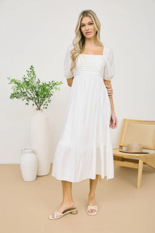 Pleated Empire Waist Midi Dress in White