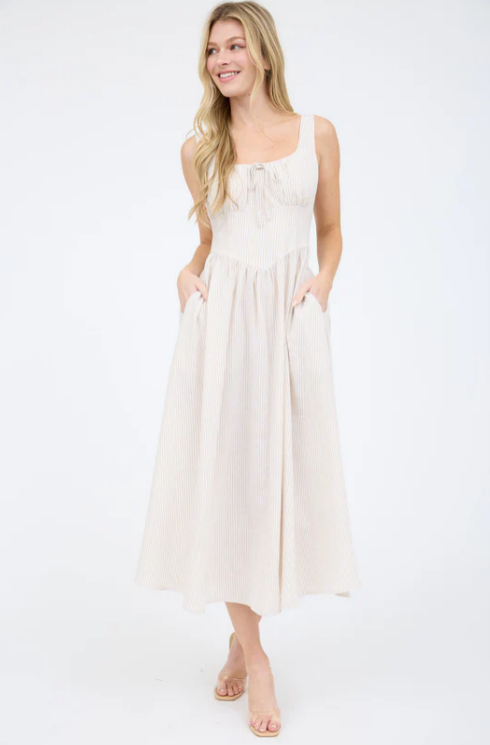 Ivory + Taupe Striped Corset Midi Dress