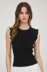 Contrast Ruffle Sleeve Knit Sweater Top in Black with Ivory