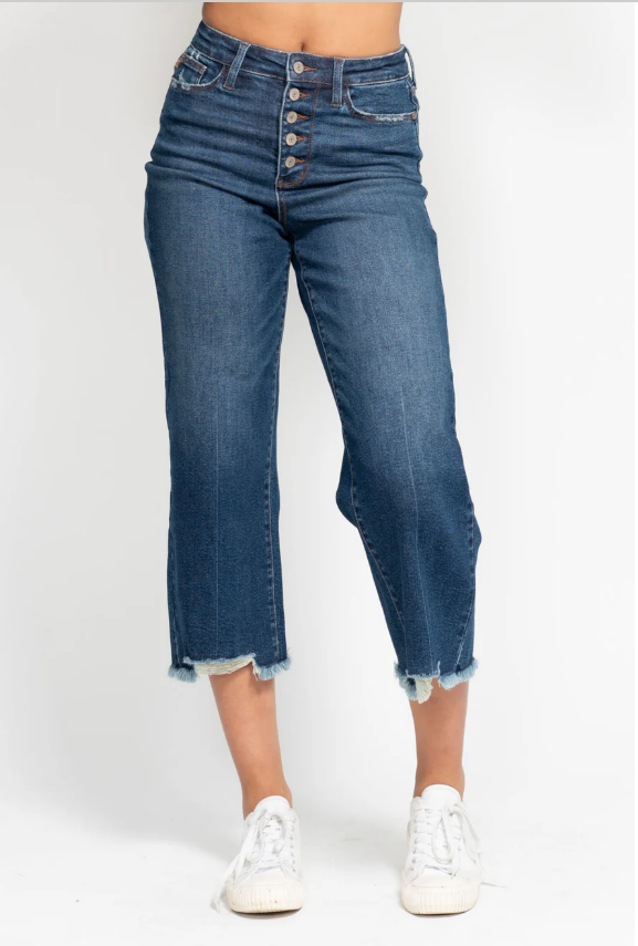 Judy Blue High Waist Dark Wash Raw Hem Wide Leg Crop