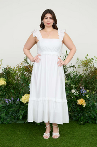Ruffle Empire Waist Midi Dress In White - Plus