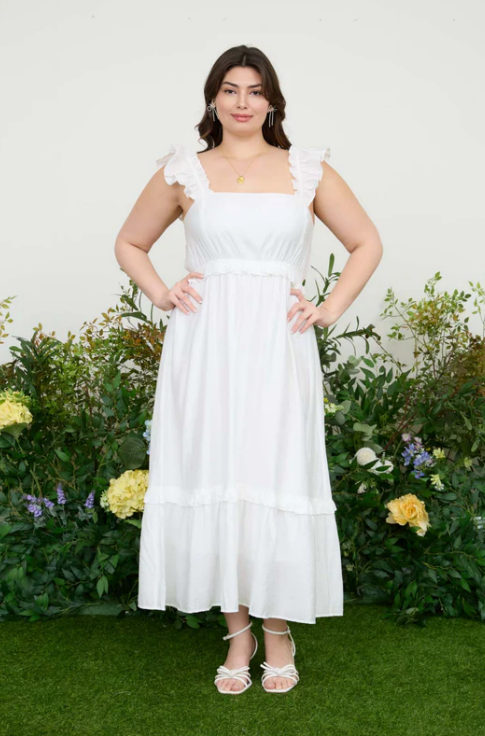 Ruffle Empire Waist Midi Dress In White - Plus
