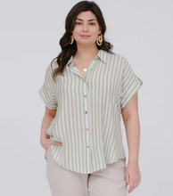 Load image into Gallery viewer, Olive + Ivory Stripe Button Front Top  - Plus + Regular
