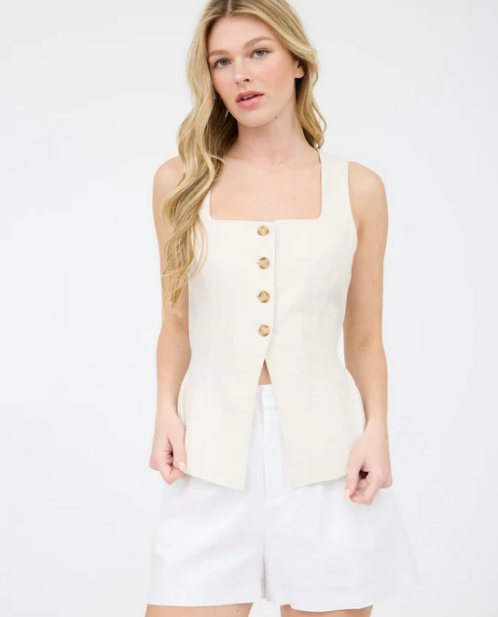 Linen Button Front Vest Tank Top in Oatmeal