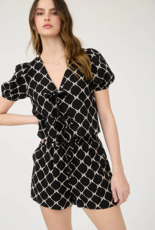 Black + Ivory Bow Front Tie Blouse + Short