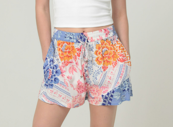 Blue + Ivory Floral Boho Shorts