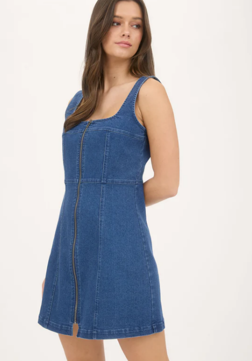 Medium Wash Denim Zip Front Mini Dress