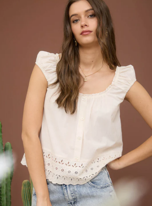 Eyelet Lace Trim Button Front Top - Various