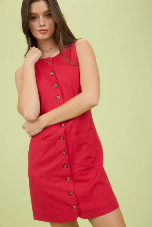 High Neck Linen Button Front Mini Dress in Red
