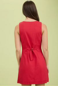 High Neck Linen Button Front Mini Dress in Red
