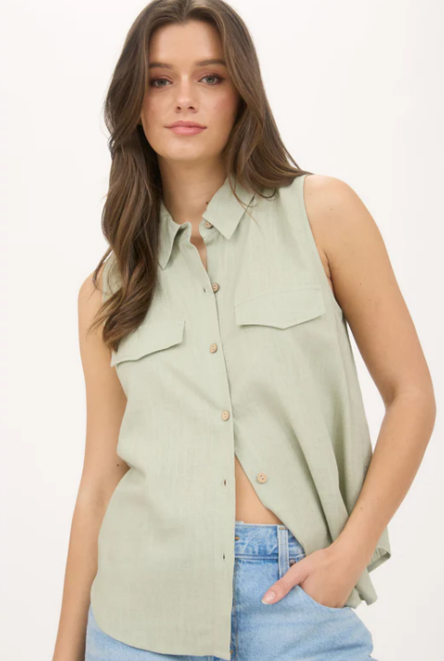 Sleeveless Button Front Top in Sage
